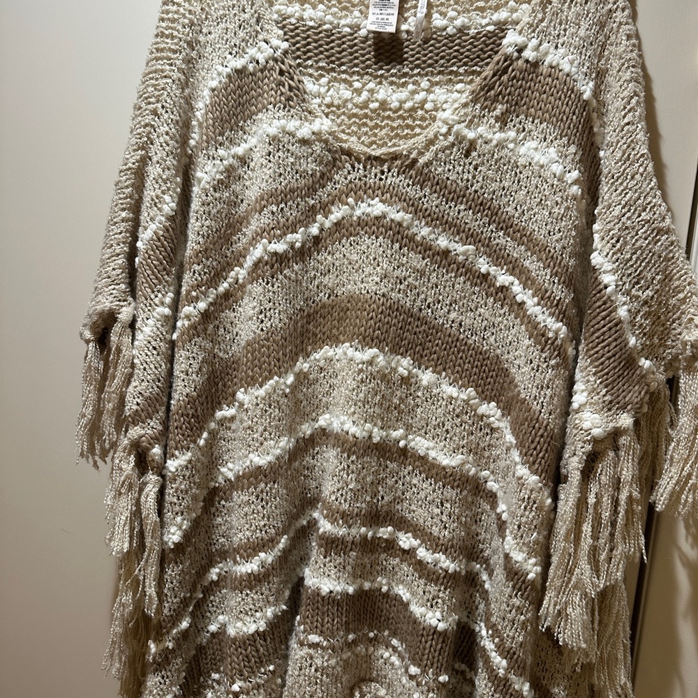 Free People Fringe Knit Poncho - Brown and Cream